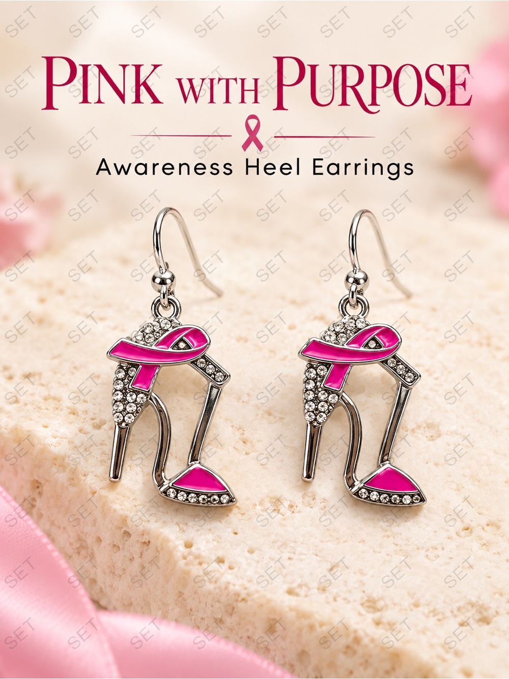 Pink Ribbon High Heel Dangle Earrings Breast Cancer Awareness Rhinestone